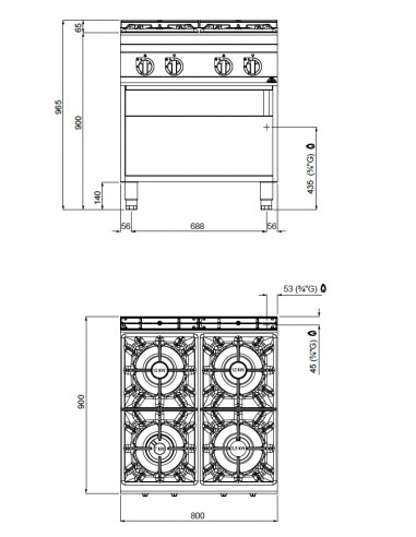Cocina de 4 fuegos Bertos Mod. G9F4M, a gas