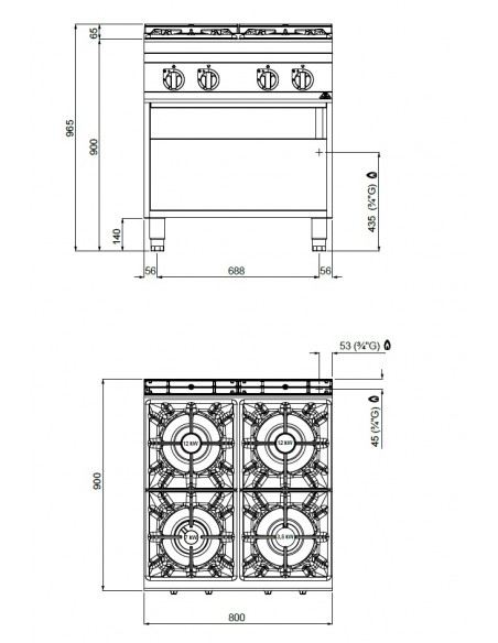 Cocina de 4 fuegos Bertos Mod. G9F4M, a gas