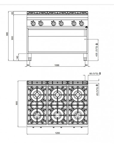 Cocina de 6 fuegos Bertos Mod. G9F6M, a gas