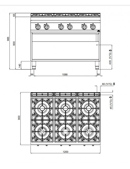 Cocina de 6 fuegos Bertos Mod. G9F6M, a gas