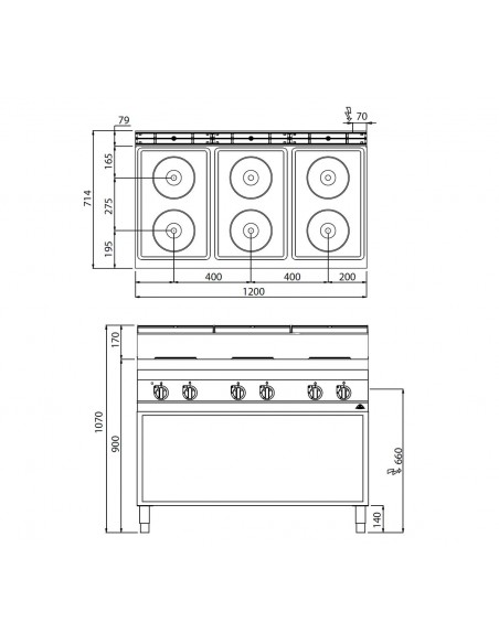 Cocina 6 fuegos Bertos Mod. E7P6M, electrica