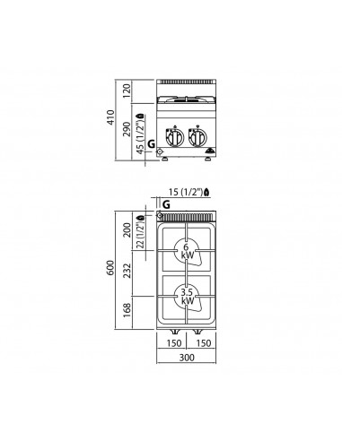 Cocina 2 fuegos Bertos Mod. G6F2BPW, a gas