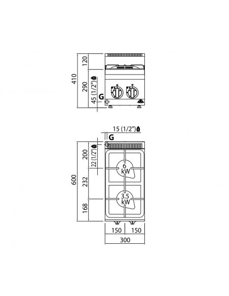 Cocina 2 fuegos Bertos Mod. G6F2BPW, a gas