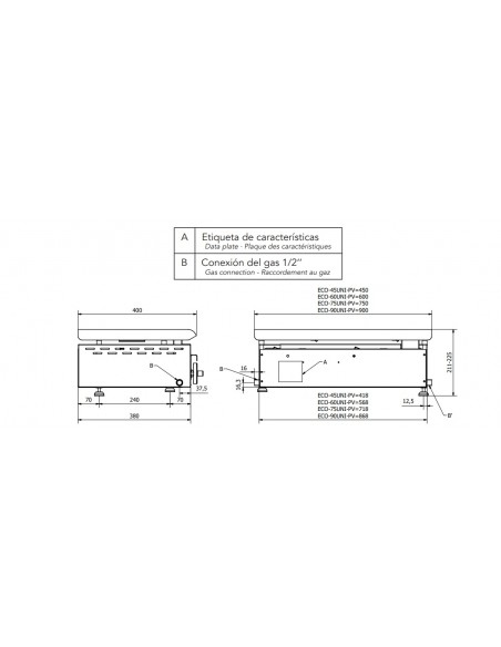 Plancha de Acero pavonado Mainho Mod. ECO-60PV UNI, a gas