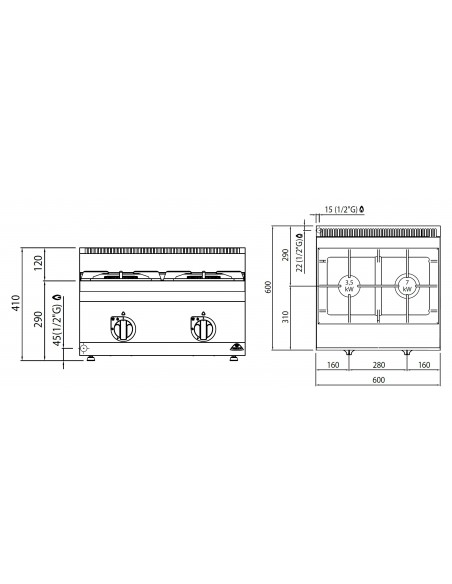 Cocina 2 fuegos de sobremesa Bertos Mod. G6F2BH6, a gas