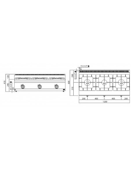 Cocina 3 fuegos de sobremesa Bertos Mod. G6F3BH12, a gas