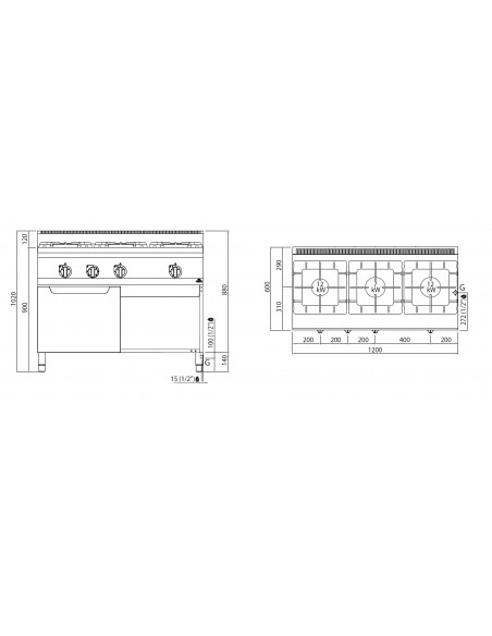Cocina 3 fuegos con horno Bertos Mod. G6F3H12+FG1, a gas