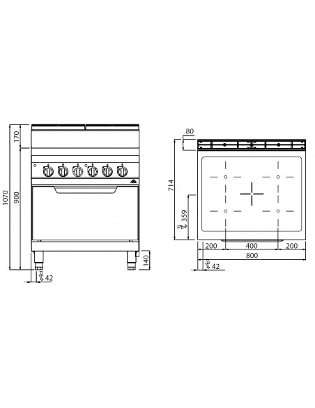 Cocina vitroceramica 4 fuegos Bertos Mod.E7P4M/VTR, con horno