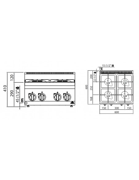 Cocina 4 fuegos de sobremesa Bertos Mod. G6F4BPW, a gas