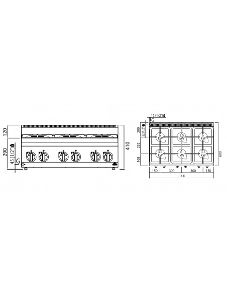 Cocina 6 fuegos de sobremesa Bertos Mod. G6F6BPW, a gas
