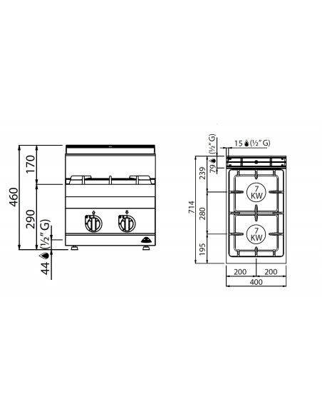 Cocina 2 fuegos de sobremesa Bertos Mod. G7F2BP,  potenciada a gas