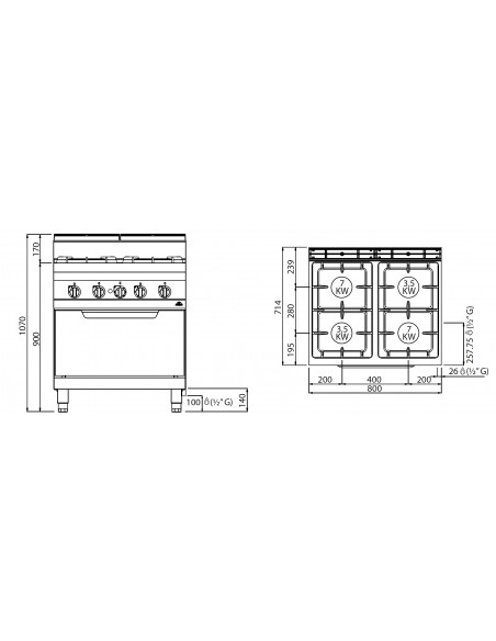 Cocina 4 fuegos con horno Bertos Mod. G7F4+FG, a gas