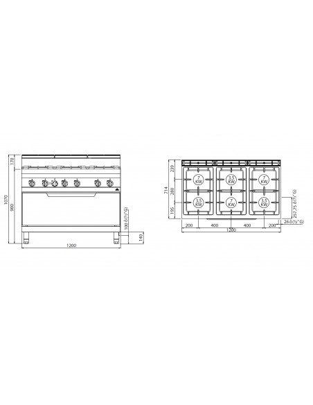 Cocina 6 fuegos con horno maxi Bertos Mod. G7F6+T, a gas