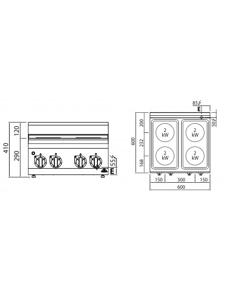 Cocina 4 fuegos sobremesa Bertos Mod. E6P4B, electrica